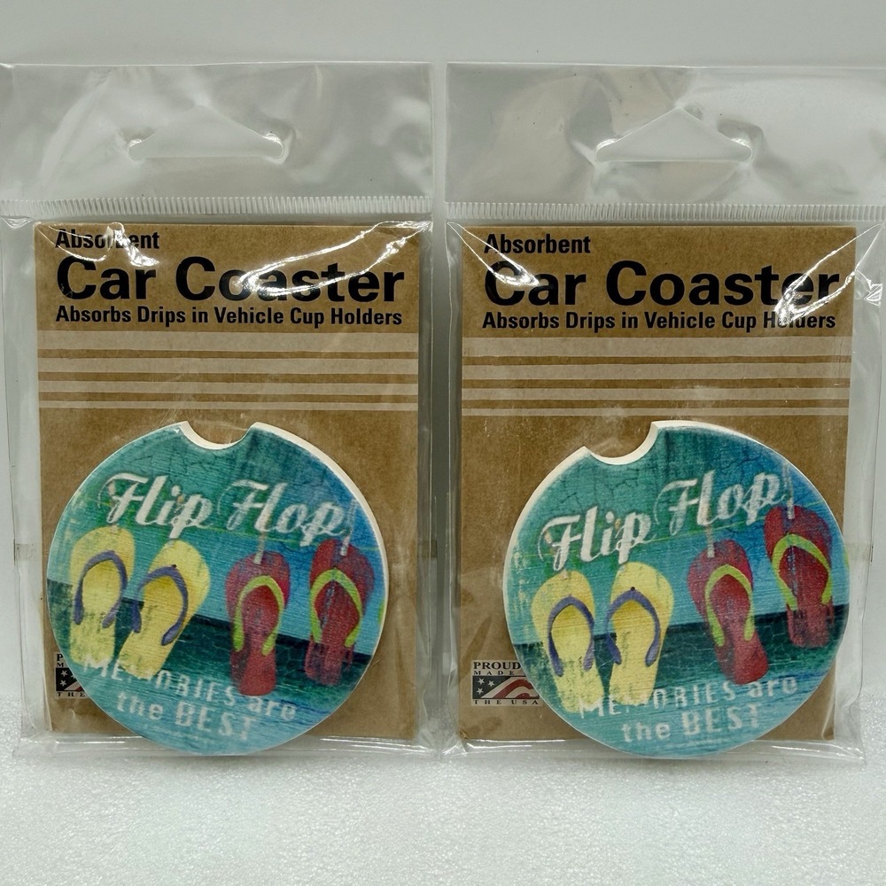 CounterArt Absorbent Car Coasters Flip Flop Beach Stoneware Lot of 2 NEW‎